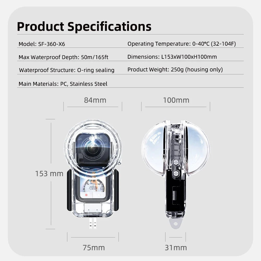 Sea frogs 50M/165FT Underwater Housing For INSTA 360 X6